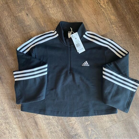 ADIDAS Crop Pullover NEW Zipper Black White Athleisure Medium Women’s - Picture 4 of 11